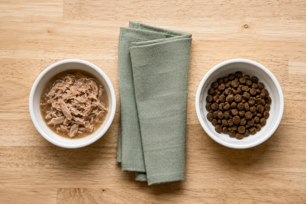 Premium wet and dry cat food side by side — a balanced approach to cat nutrition for UK pet owners