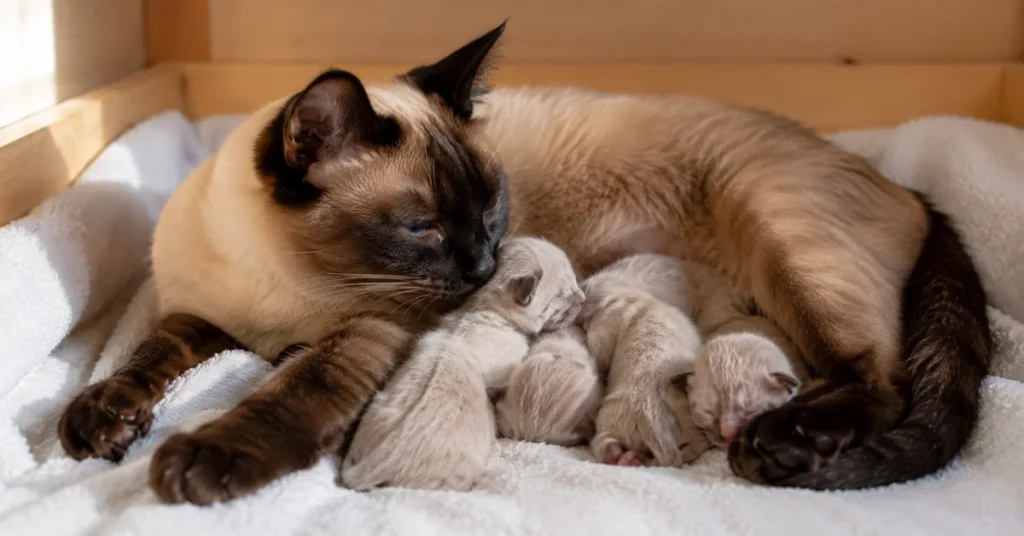 Seal point Siamese mother cat curled around four newborn kittens in a clean homemade nest box, soft warm window light — the quiet reality of cat breeding as a hobby