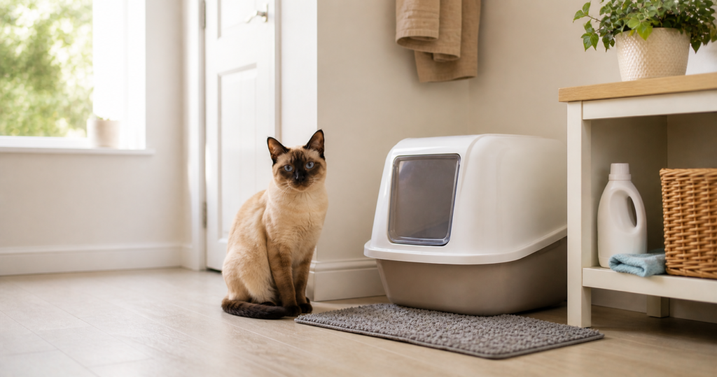 A clean, well-organised covered cat litter tray in a tidy UK home with an enzyme cleaner bottle nearby — the tray-and-room setup that prevents repeat accidents