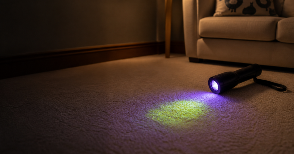 UV blacklight torch revealing hidden cat urine stains glowing on a carpet — how to find every spot before cleaning