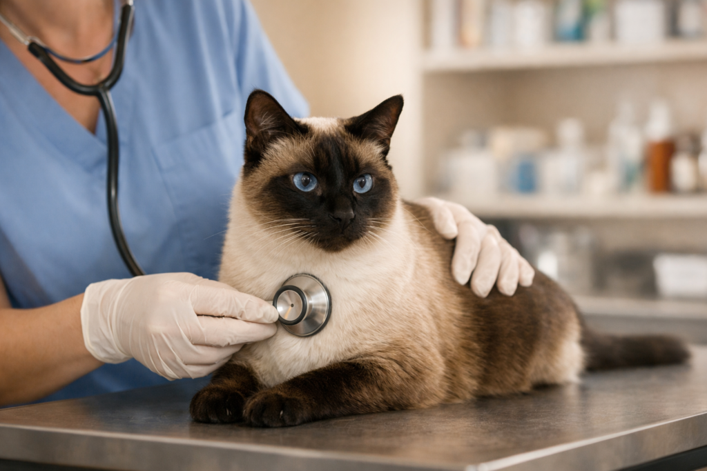 Seal point Siamese cat being examined by a veterinarian during a routine clinical check-up
