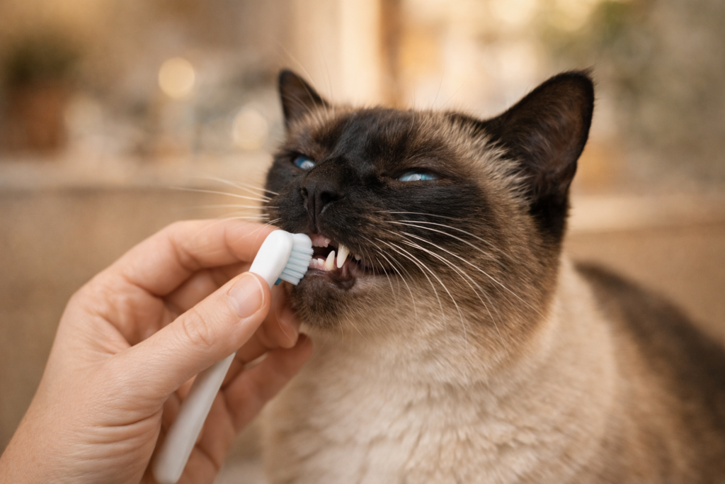 Owner gently brushing a seal point Siamese cat's teeth with a cat-safe finger brush