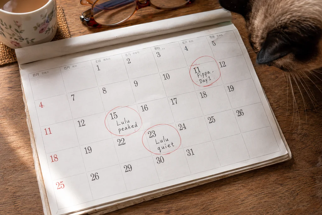 Breeder paper calendar tracking Siamese queens' calling cycles at Burnthwaites — practical record-keeping for cats in season