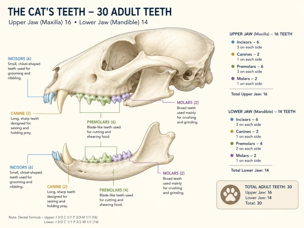 Cat teeth anatomy diagram showing all 30 adult cat teeth — 16 in the upper jaw and 14 in the lower jaw, labelled with incisors, canines, premolars and molars