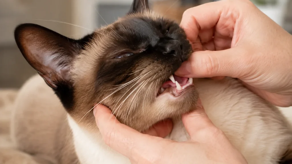 How to check a cat's teeth at home — owner gently cupping a calm seal point Siamese cat's chin and parting the lip to inspect the back teeth and gums