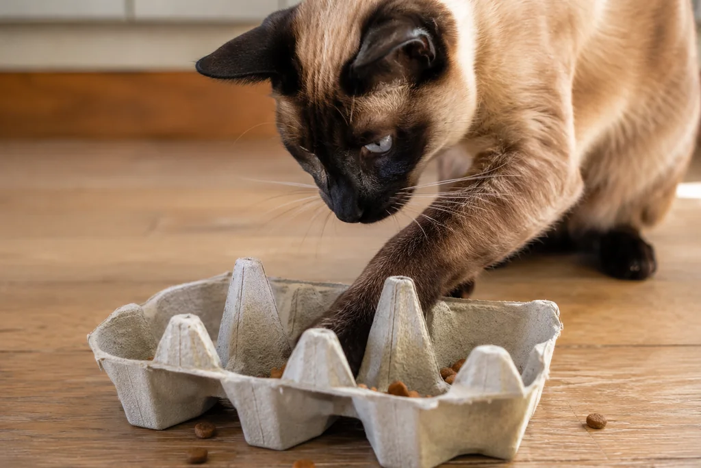 Indoor cat with paw in egg carton fishing for treats — free DIY enrichment for keeping indoor cats happy