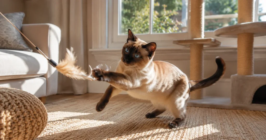 Indoor Siamese cat playing with enrichment toy in a UK home — keeping indoor cats happy through active play and stimulation