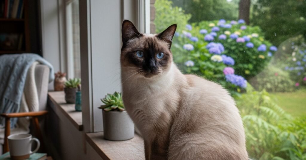 A seal point Siamese on a windowsill looking out at the garden