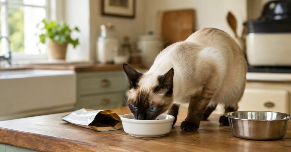 Cat nutrition essentials — a Seal Point Siamese eating premium wet food in a UK home kitchen