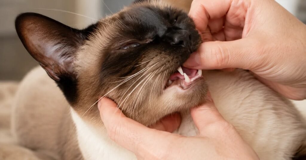 How to check a cat's teeth at home — owner gently cupping a calm seal point Siamese cat's chin and parting the lip to inspect the back teeth and gums